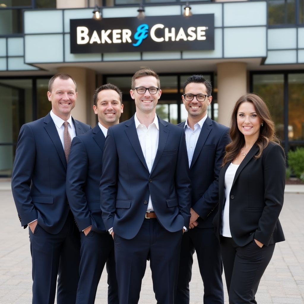 Equipo de BAKER AND CHASE frente a edificio moderno